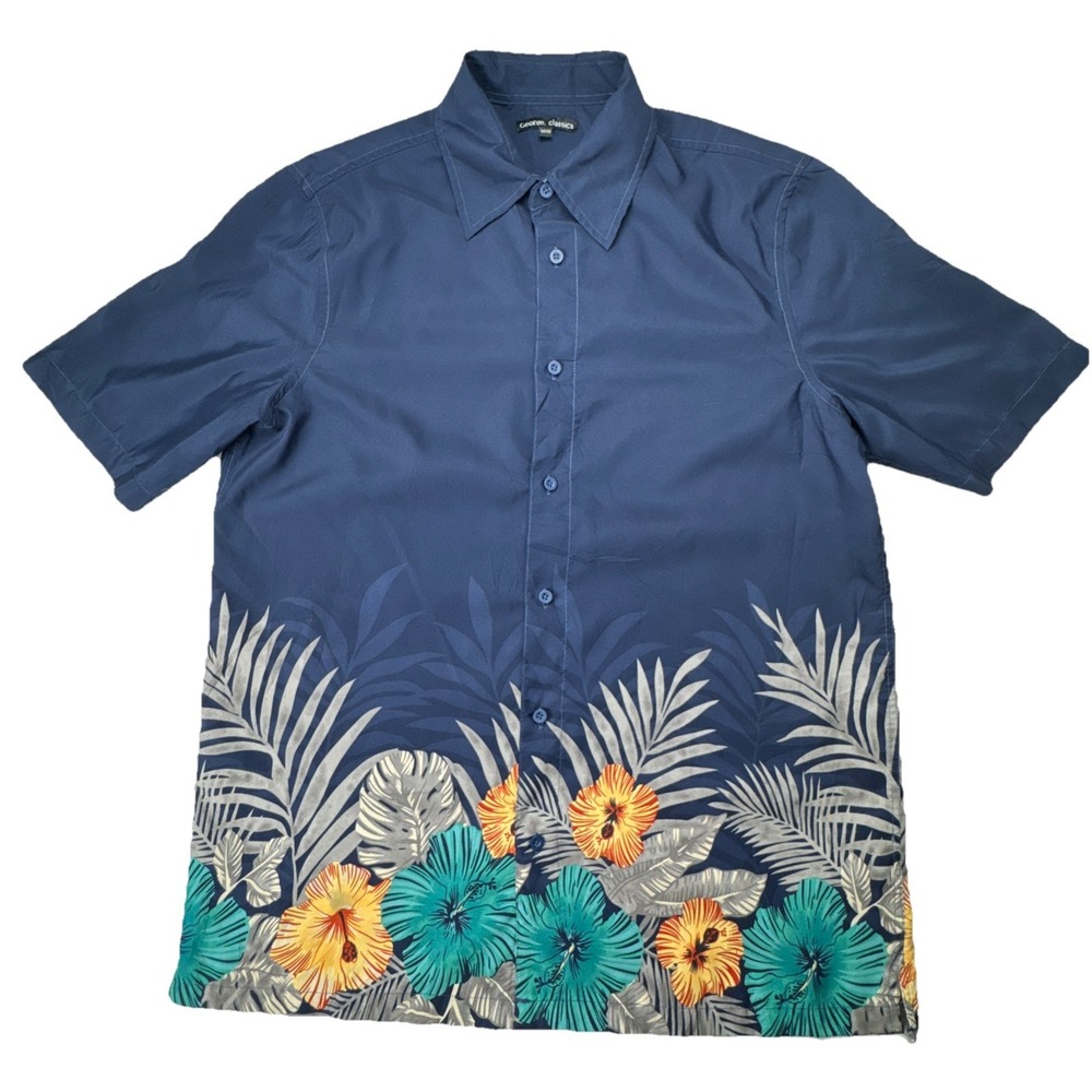 George Classics Button Down Shirt Tropical Floral Hibiscus‎ Border Navy Size M